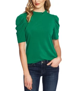 CeCe Puff-Sleeve Ruffled-Neck Top