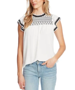 CeCe Women's Flutter-Sleeve Smocked Short Sleeve Top