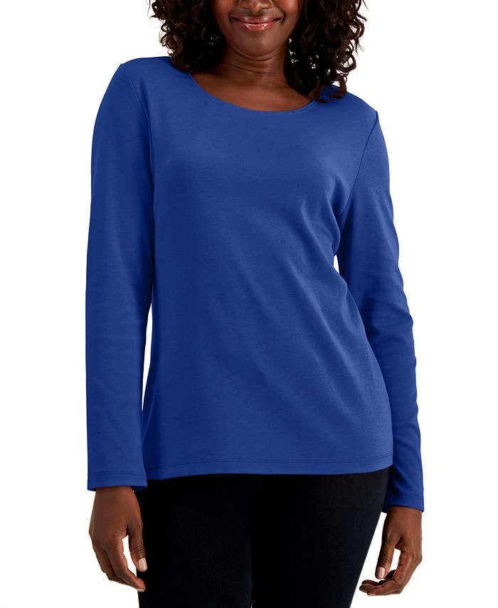 Karen Scott Long Sleeve Cotton Scoop-Neckline Top, Created For Macy's 1 Karen Scott Long Sleeve Cotton Scoop-Neckline Top, Created For Macy's