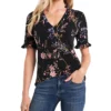 CeCe Women's Ruffled Floral-Print Short Sleeve Blouse