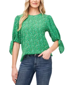 CeCe Women's Printed Tie-Sleeve Elbow Sleeve Blouse