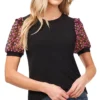 CeCe Women's Short Sleeve Floral Puff-Sleeve Knit Top