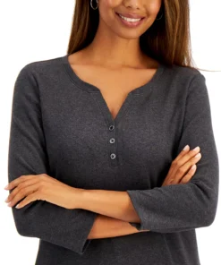 Karen Scott Cotton Henley V-Neck Top, Created For Macy's -CeCe cloth-shop 19271586 fpx