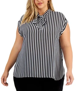 Bar III Trendy Plus Size Tie-Neck Striped Top, Created For Macy's
