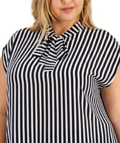 Bar III Trendy Plus Size Tie-Neck Striped Top, Created For Macy's -CeCe cloth-shop 19288765 fpx