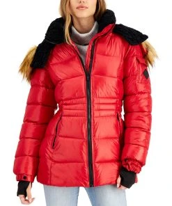 Steve Madden Juniors' Faux-Fur-Trim Hooded Shine Puffer Coat, Created For Macy's