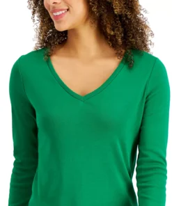 Charter Club Women's Cotton Long-Sleeve V-Neck T-Shirt, Created For Macy's -CeCe cloth-shop 19530461 fpx