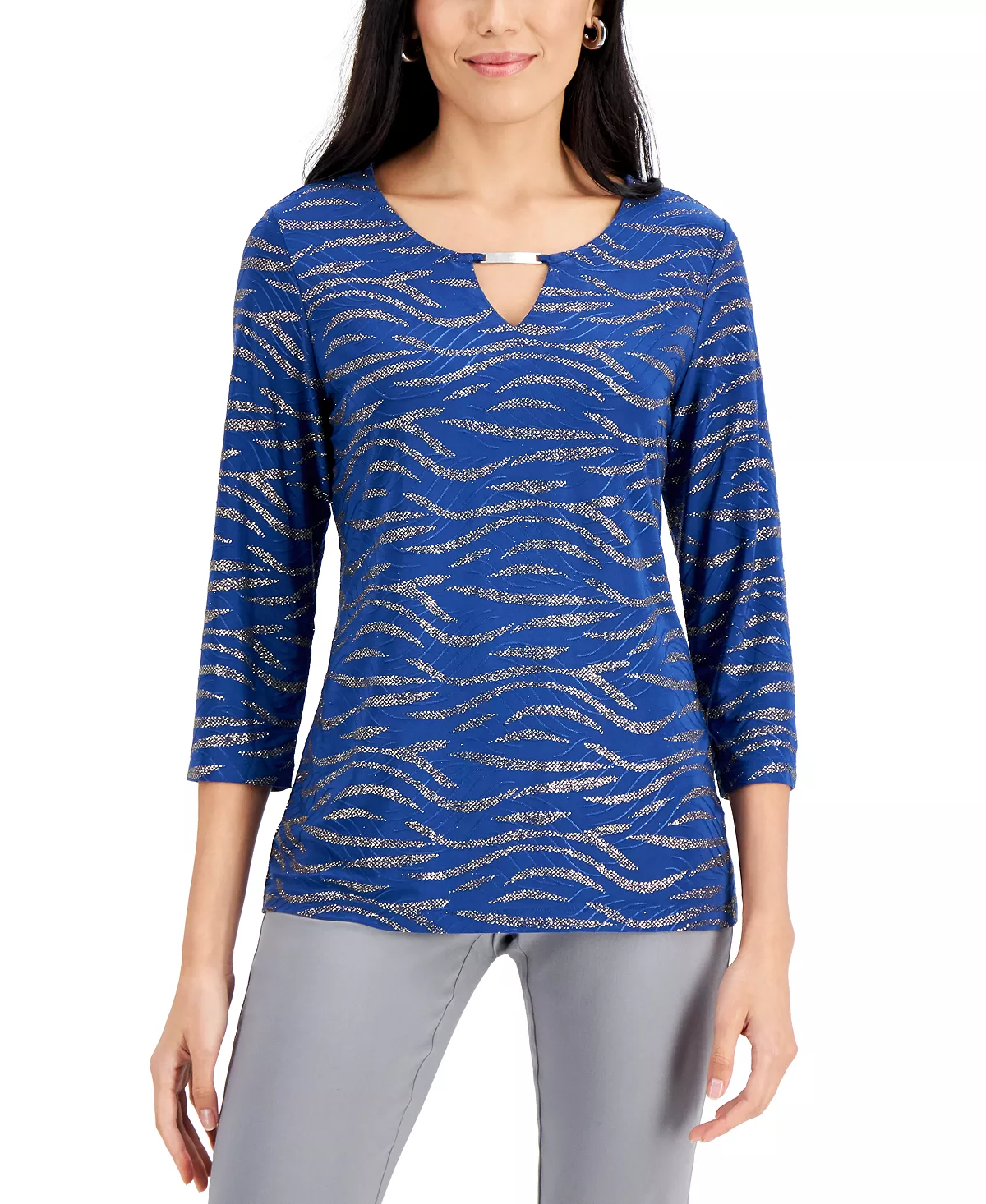 JM Collection Glitter Zebra-Print Embellished-Keyhole Jacquard Top, Created For Macy's 4 JM Collection Glitter Zebra-Print Embellished-Keyhole Jacquard Top, Created For Macy's - Image 4
