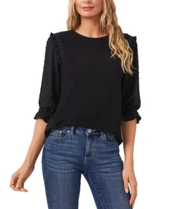 CeCe Women's Ruffle Mixed-Media Elbow Sleeve Blouse