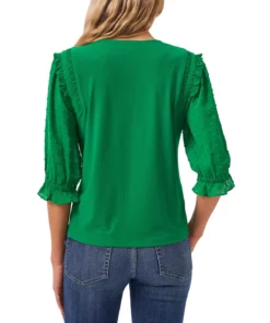 CeCe Women's Ruffle Mixed-Media Elbow Sleeve Blouse -CeCe cloth-shop 19587963 fpx