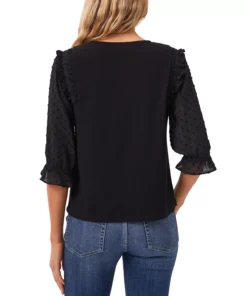 CeCe Women's Ruffle Mixed-Media Elbow Sleeve Blouse -CeCe cloth-shop 19587975 fpx