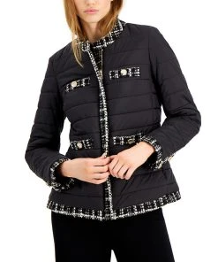 Anne Klein Quilted Tweed-Trim Puffer Jacket