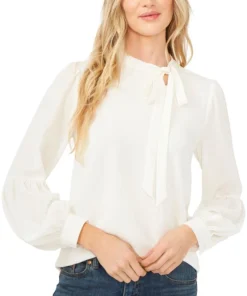 CeCe Women's Solid Long Sleeve Tie-Neck Puff-Sleeve Blouse
