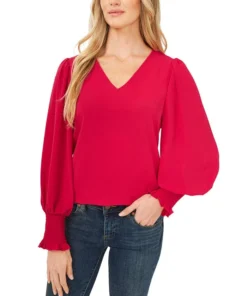 CeCe Women's Solid Smocked-Cuff V-Neck Charmeuse Blouse