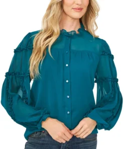 CeCe Women's Solid Ruffled-Sleeve Button-Down Blouse