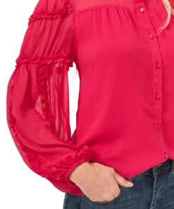 CeCe Women's Solid Ruffled-Sleeve Button-Down Blouse -CeCe cloth-shop 19850359 fpx