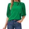 CeCe Women's Puff-Sleeve Bow-Neck Elbow Sleeve Top