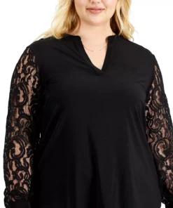 Kasper Plus Size Lace-Sleeve Split-Neck Top -CeCe cloth-shop 20073705 fpx