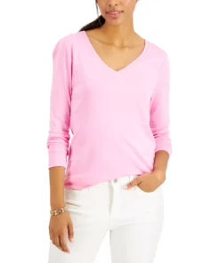 Charter Club Women's Cotton Long-Sleeve V-Neck T-Shirt, Created For Macy's -CeCe cloth-shop 20186827 fpx