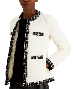 Anne Klein Quilted Tweed-Trim Puffer Jacket -CeCe cloth-shop 20244323 fpx