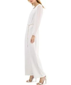 Connected Hain-Belt Sheer-Sleeve Jumpsuit -CeCe cloth-shop 20287397 fpx