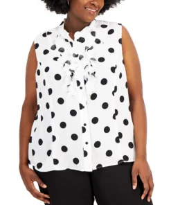 Kasper Plus Size Polka Dot Sleeveless Tie-Neck Shell Top