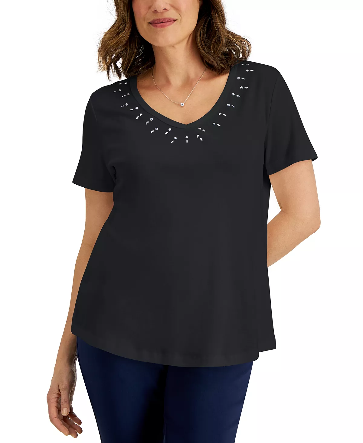 Karen Scott Women's Cotton Studded V-Neck Top, Created For Macy's 1 Karen Scott Women's Cotton Studded V-Neck Top, Created For Macy's