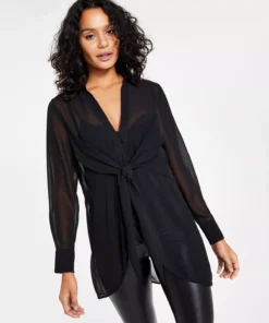 Bar III Women's Long-Sleeve Tie-Front Top, Created For Macy's -CeCe cloth-shop 21336044 fpx