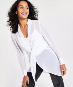 Bar III Women's Long-Sleeve Tie-Front Top, Created For Macy's -CeCe cloth-shop 21336050 fpx