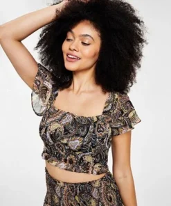 Bar III Women's Paisley-Print Flutter-Sleeve Crop Top, Created For Macy's -CeCe cloth-shop 21336086 fpx