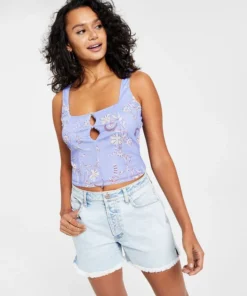 Bar III Women's Printed Cutout Mesh Top, Created For Macy's