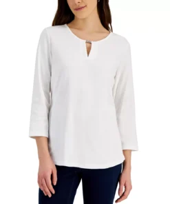 Karen Scott Women's Cotton Split-Neck Hardware Top, Created For Macy's