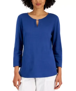 Karen Scott Women's Cotton Split-Neck Hardware Top, Created For Macy's -CeCe cloth-shop 21595685 fpx
