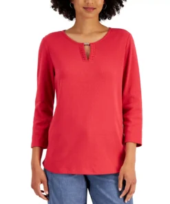 Karen Scott Women's Cotton Split-Neck Hardware Top, Created For Macy's -CeCe cloth-shop 21595686 fpx