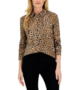 Charter Club Women's Embellished Leopard Buttoned Top, Created For Macy's