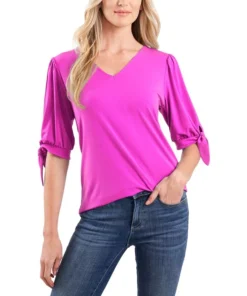 CeCe Women's V-Neck Tie-Sleeve Short Sleeve Blouse