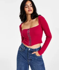 Bar III Women's Cropped Ribbed Long-Sleeve Corset Top, Created For Macy's