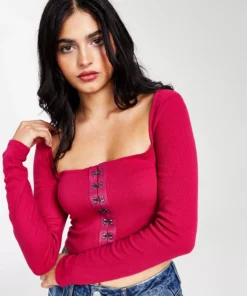 Bar III Women's Cropped Ribbed Long-Sleeve Corset Top, Created For Macy's -CeCe cloth-shop 21687790 fpx