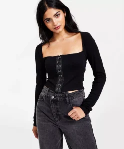 Bar III Women's Cropped Ribbed Long-Sleeve Corset Top, Created For Macy's -CeCe cloth-shop 21687793 fpx