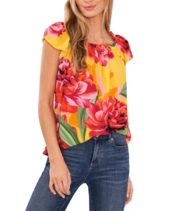 CeCe Women's Ruffled-Neckline Floral-Print Top