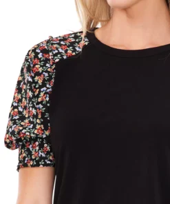 CeCe Women's Mixed-Media Puff-Sleeve Top -CeCe cloth-shop 21731383 fpx