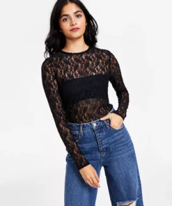 Bar III Women's Lace Long-Sleeve Bodysuit, Created For Macy's -CeCe cloth-shop 21748501 fpx