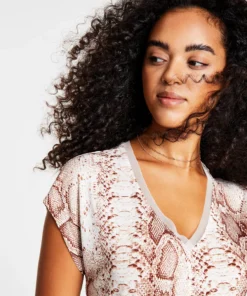 Bar III Women's Snake-Print Mesh-Trim V-Neck Top, Created For Macy's -CeCe cloth-shop 21748579 fpx