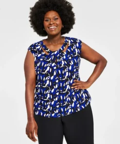 Kasper Plus Size Printed Twist-Neck Top