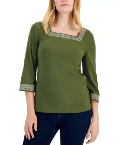 Karen Scott Women's Cotton Hot Fix Square-Neck Top, Created For Macy's -CeCe cloth-shop 21768694 fpx