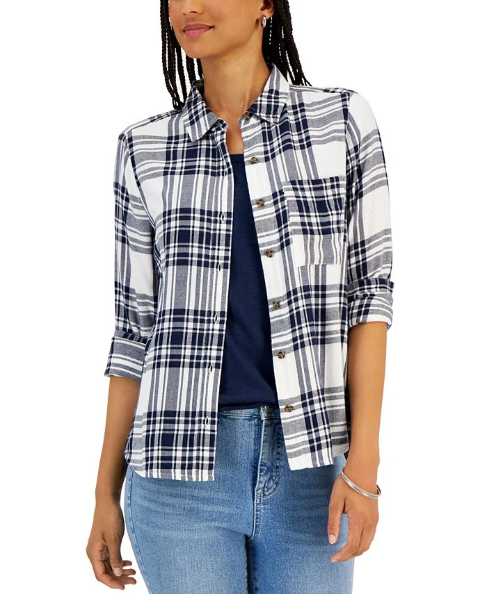 Style & Co Women's Cotton Plaid Button-Front Shirt, Created For Macy's 1 Style & Co Women's Cotton Plaid Button-Front Shirt, Created For Macy's
