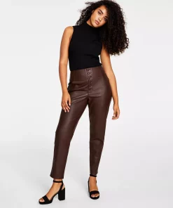 Bar III Women's Faux-Leather Button-Fly Ankle Pants, Created For Macy's -CeCe cloth-shop 21817144 fpx