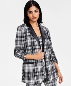Bar III Women’s Plaid-Print Faux-Leather-Trim Blazer, Created For Macy’s
