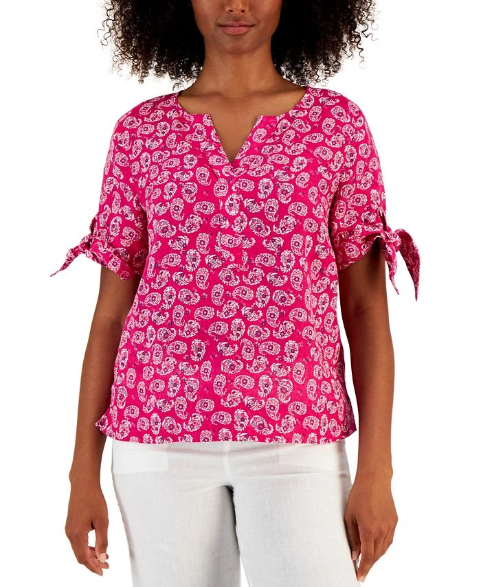 Charter Club Women's Linen Tie-Sleeve Top, Created For Macy's 1 Charter Club Women's Linen Tie-Sleeve Top, Created For Macy's