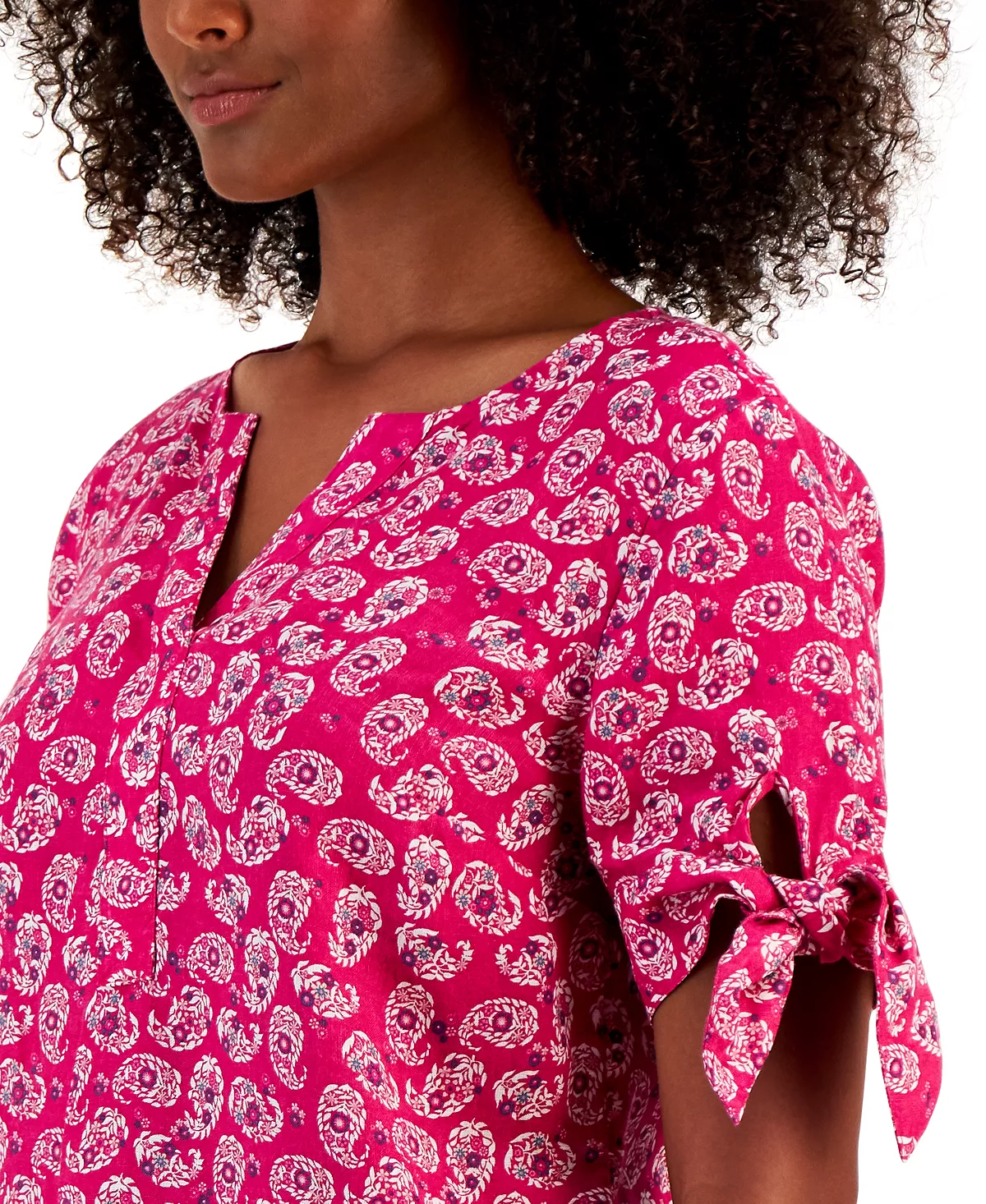 Charter Club Women's Linen Tie-Sleeve Top, Created For Macy's 3 Charter Club Women's Linen Tie-Sleeve Top, Created For Macy's - Image 3